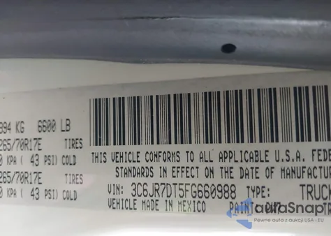 2015 Ram 1500 Tradesman z USA, uszkodzony, nr VIN 3C6JR7DT5FG660988